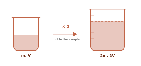 Two beakers side by side. Left shows a small sample labelled m, V. Right shows a doubled sample labelled 2m, 2V. Arrow between them reads times two